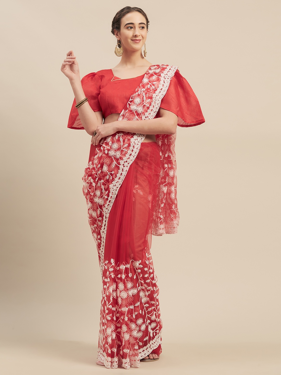 

Mitera Red & White Net Embroidered Saree