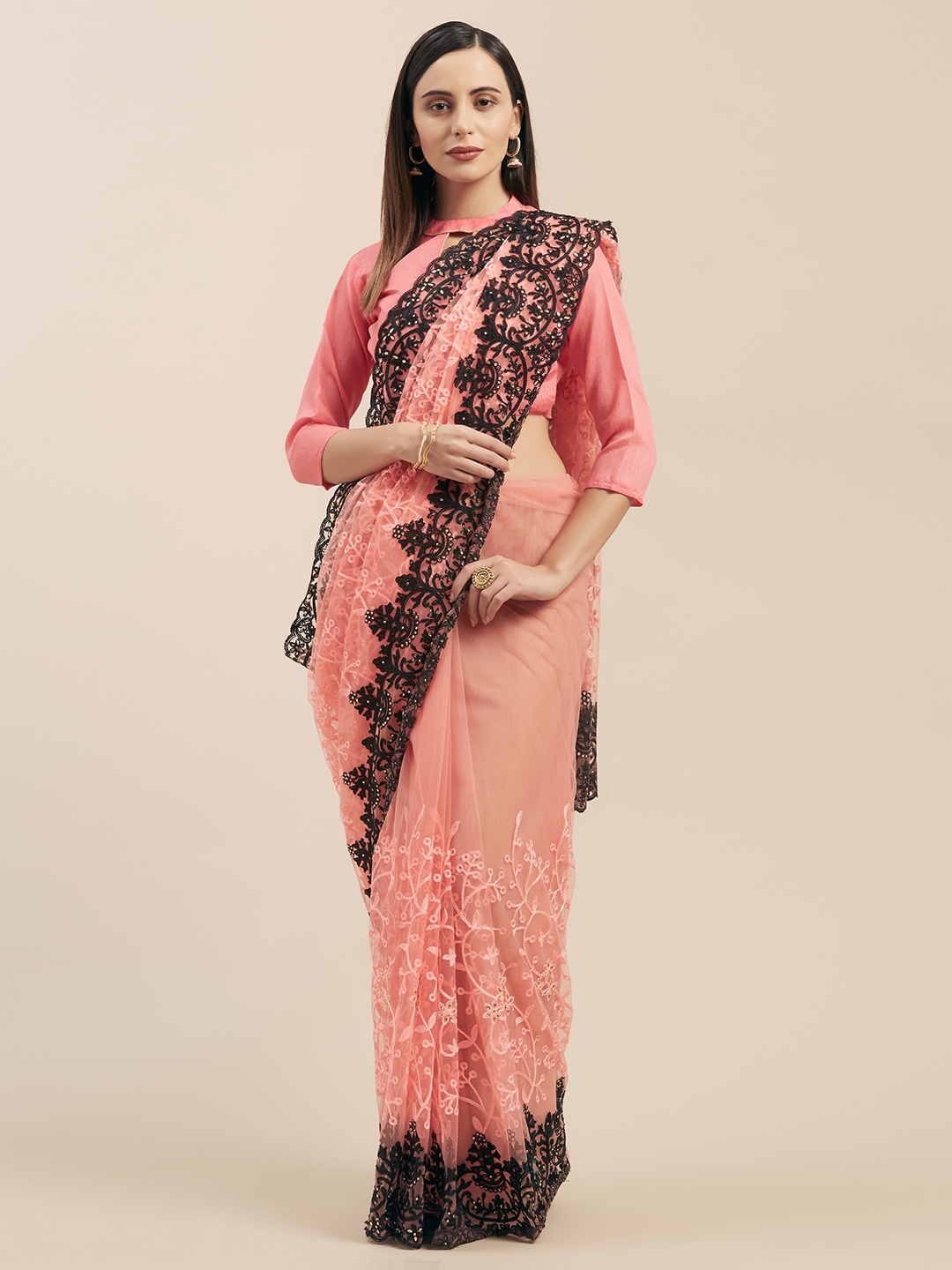 

Mitera Pink & Black Net Embroidered Saree