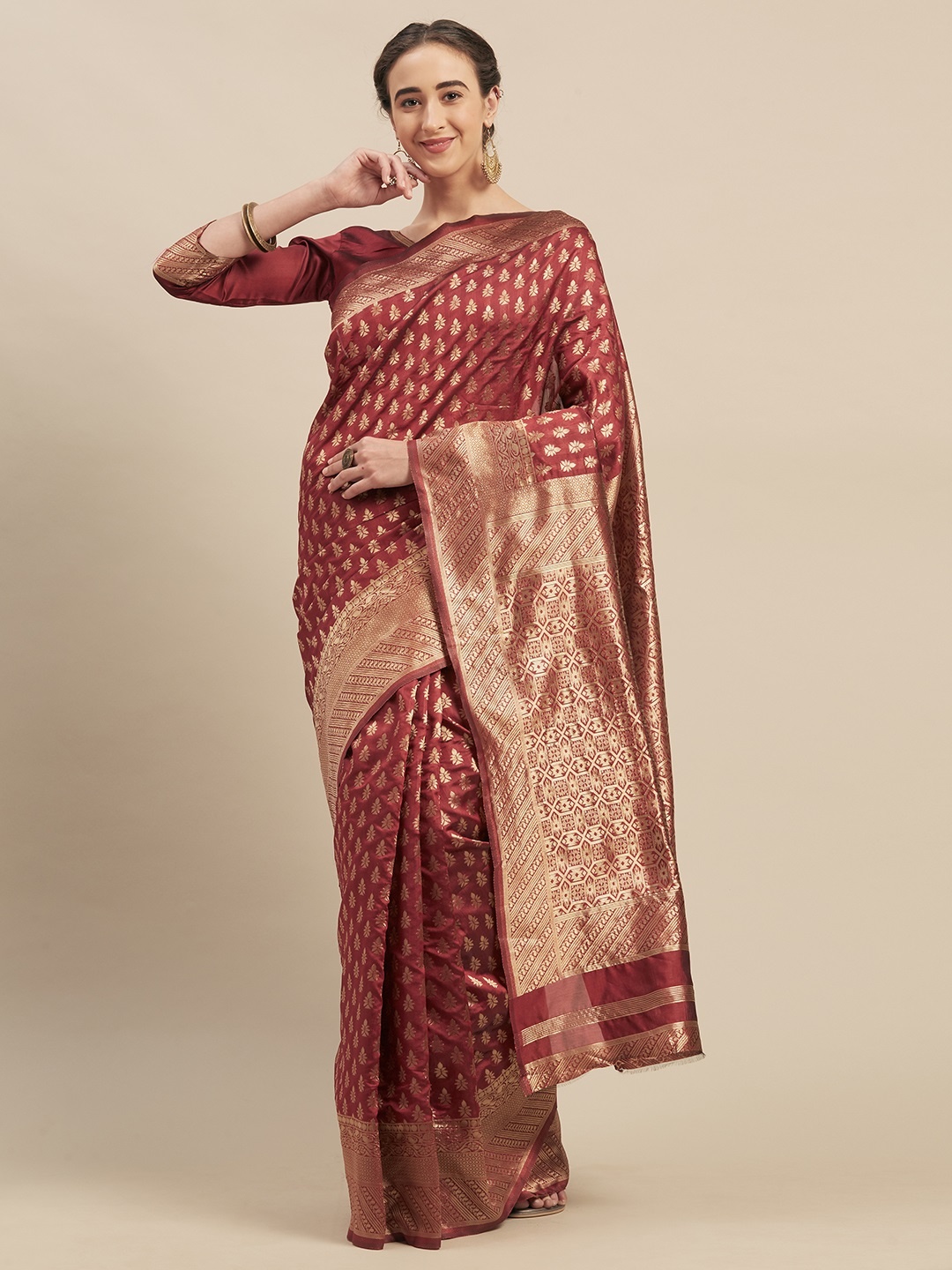 

Mitera Maroon & Gold-Coloured Silk Blend Woven Design Kanjeevaram Saree