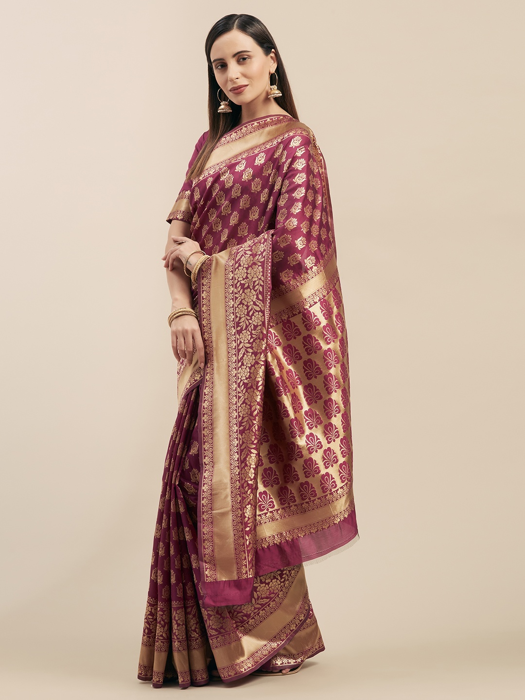 

Mitera Magenta & Gold-Coloured Silk Blend Woven Design Kanjeevaram Saree