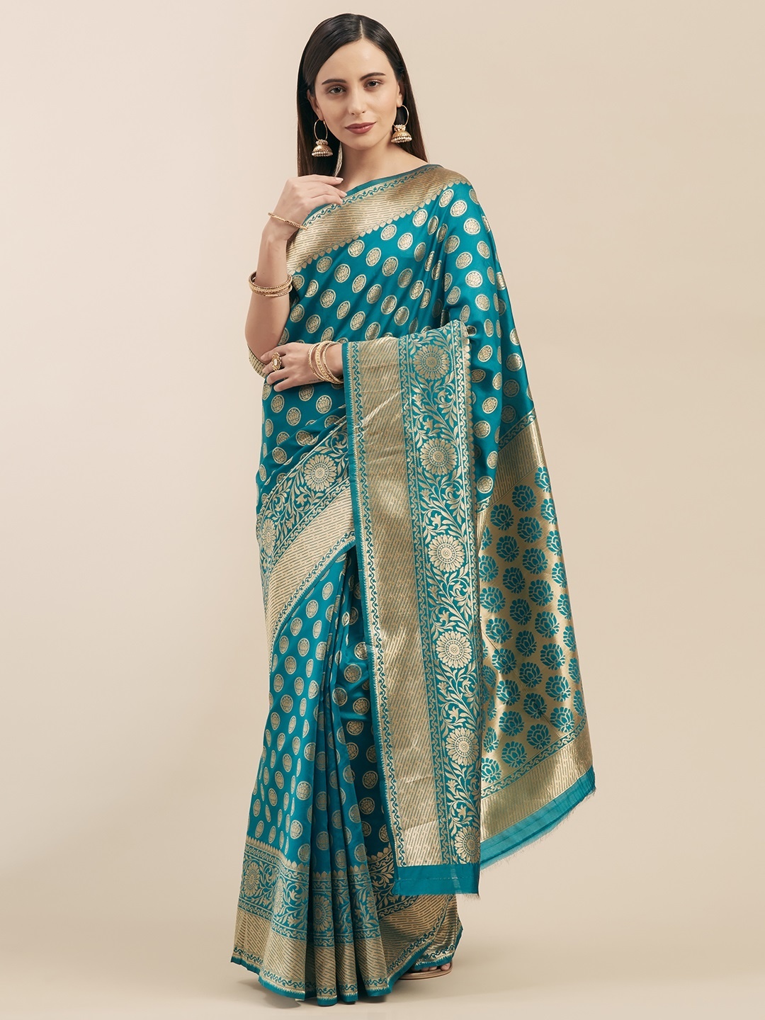 

Mitera Turquoise Blue Silk Blend Woven Design Kanjeevaram Saree