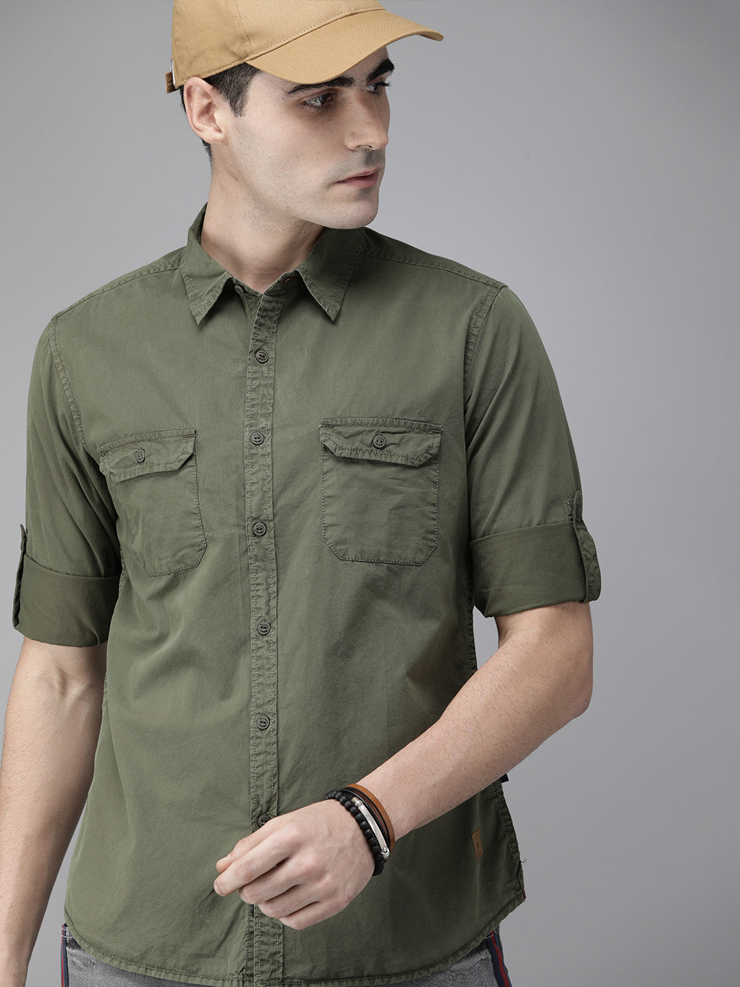 

Roadster Men Olive Green Regular Fit Solid Casual Sustainable Shirt