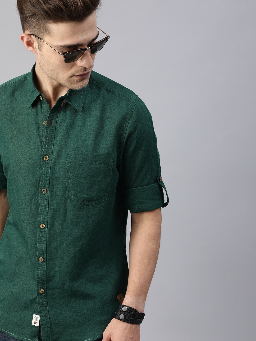 

Roadster Men Green Regular Fit Solid Cotton Linen Shirt