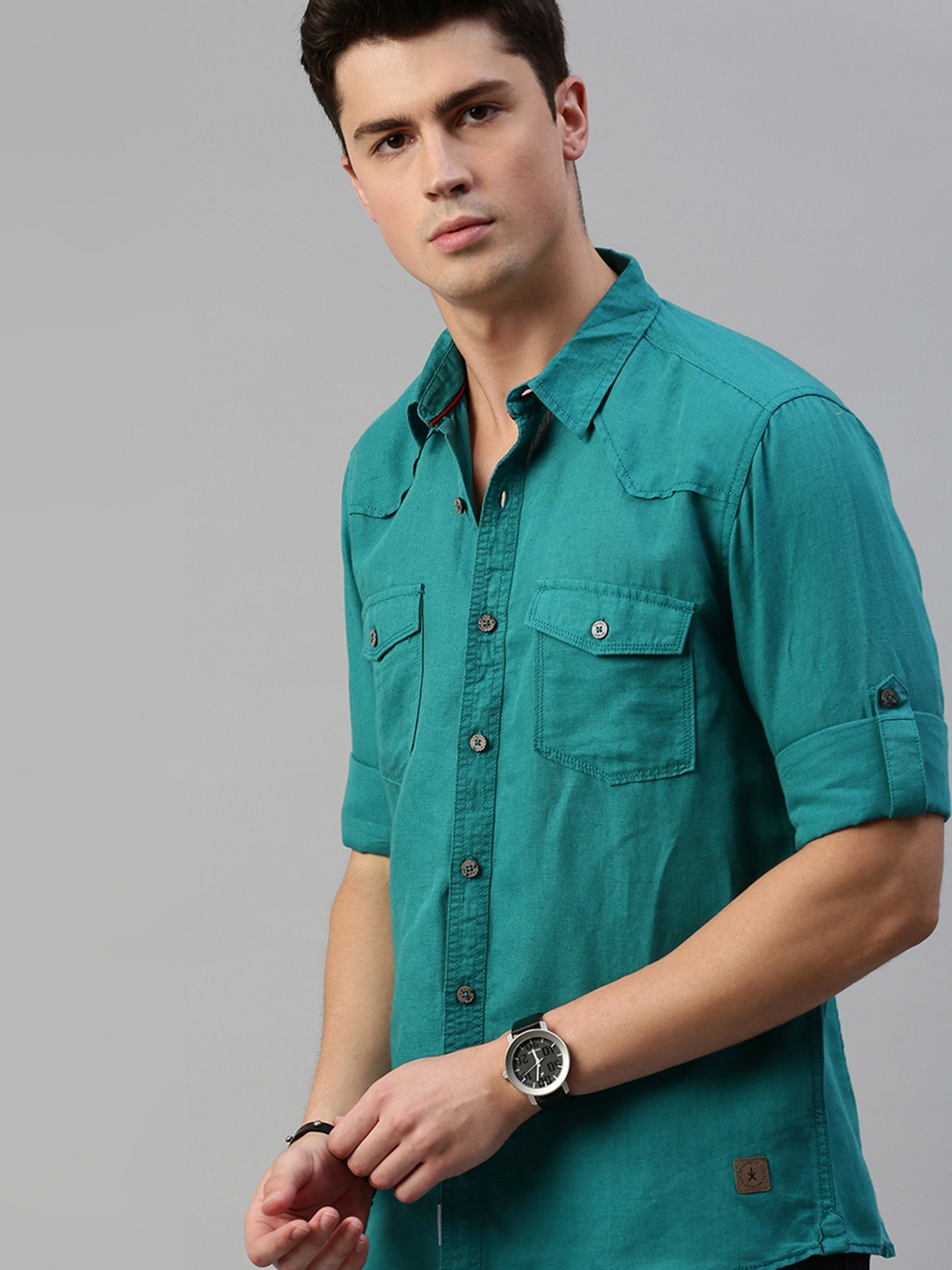 

Roadster Men Teal Blue Regular Fit Solid Cotton Linen Casual Shirt