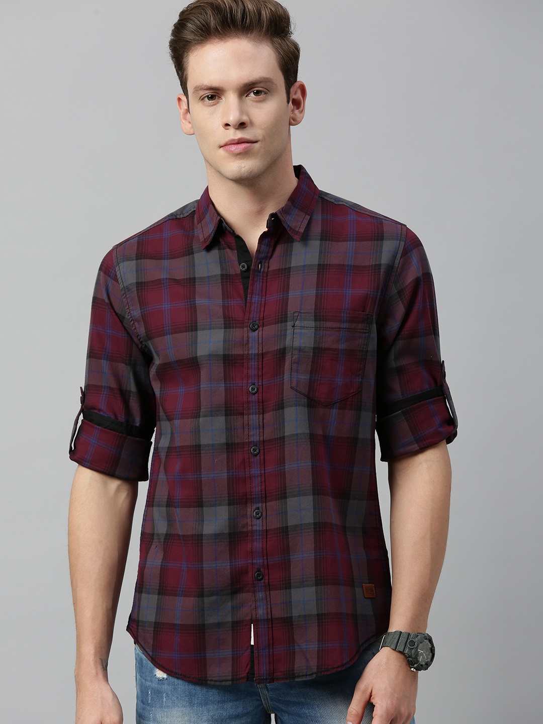 

Roadster Men Maroon & Grey Regular Fit Checked Sustainable Casual Shirt