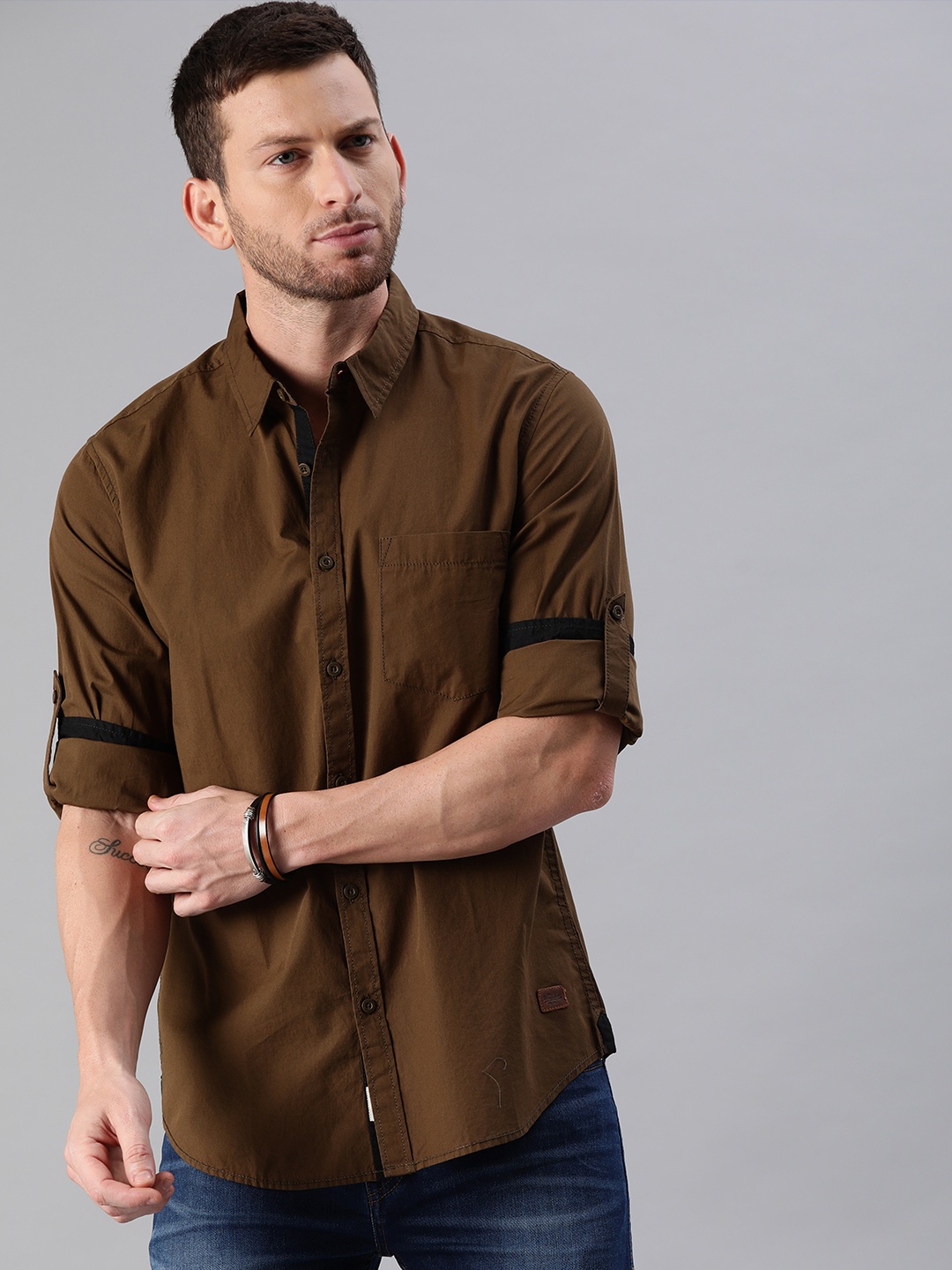 

Roadster Men Olive Brown Regular Fit Solid Sustainable Casual Shirt