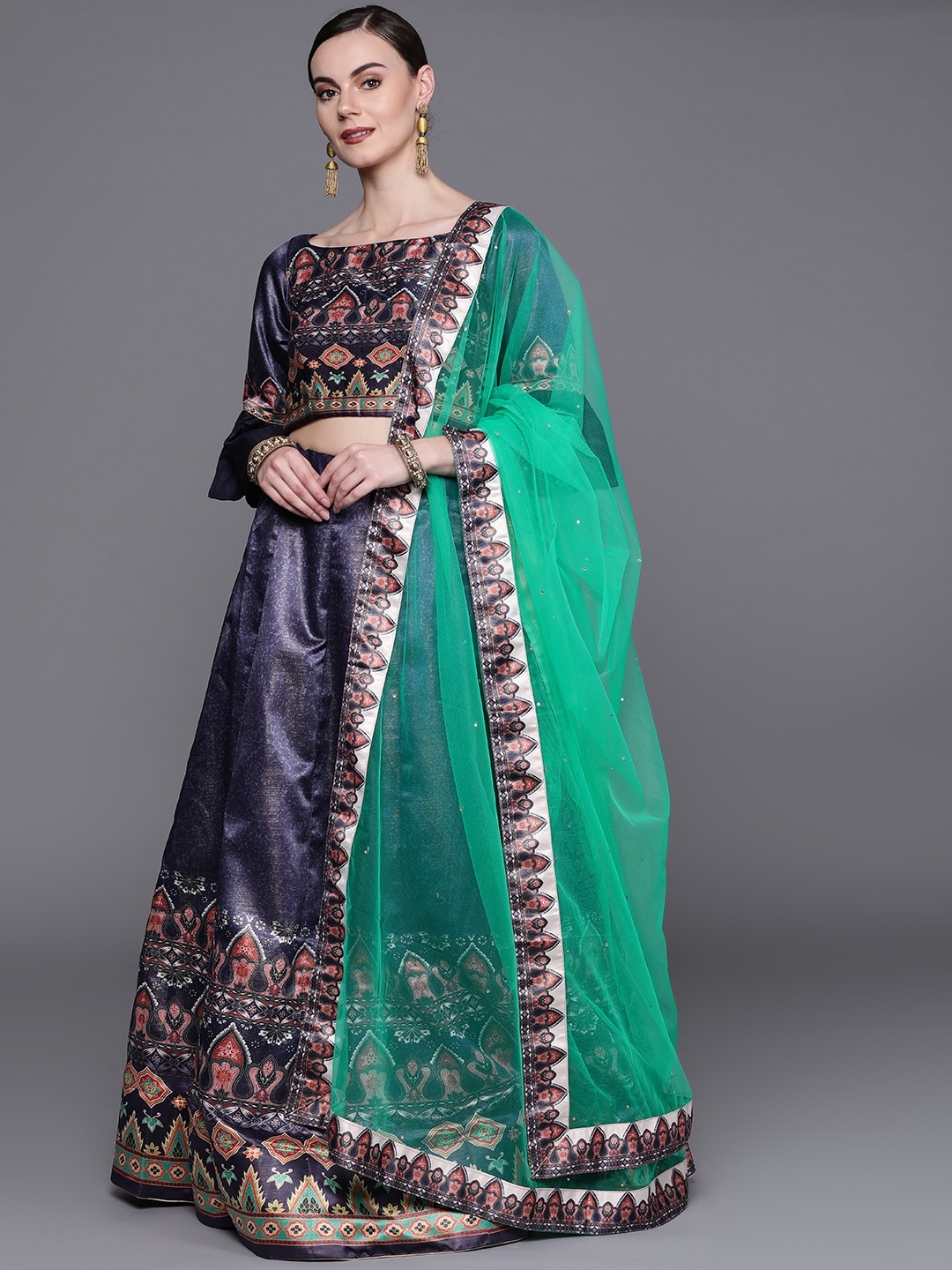 

Chhabra 555 Navy Blue Digital Print Semi-Stitched Lehenga Unstitched Blouse with Dupatta