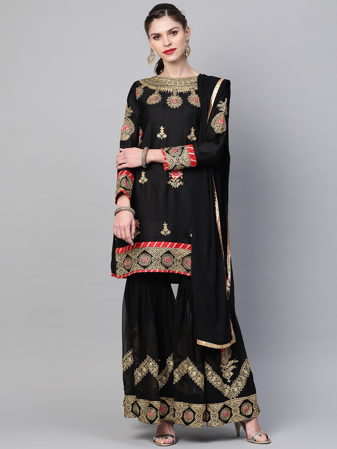 

Chhabra 555 Women Black & Golden Made to Measure Embroidered Kurta with Sharara & Dupatta