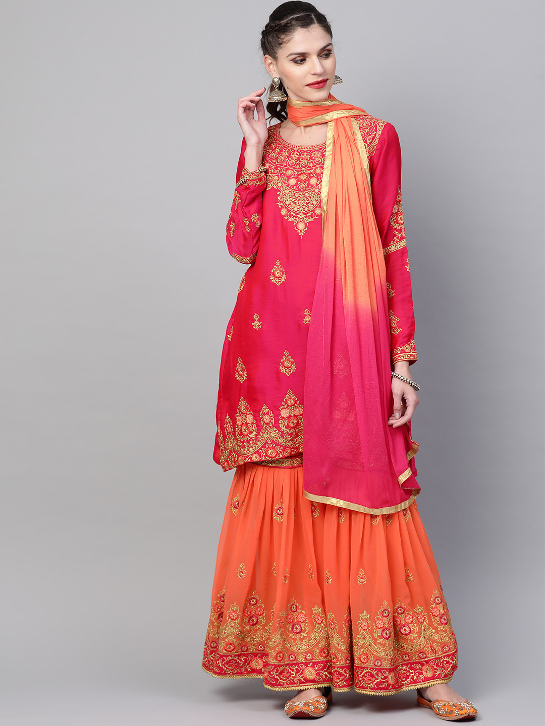 

Chhabra 555 Women Pink & Orange Made to Measure Zari Embroidered Kurta Set