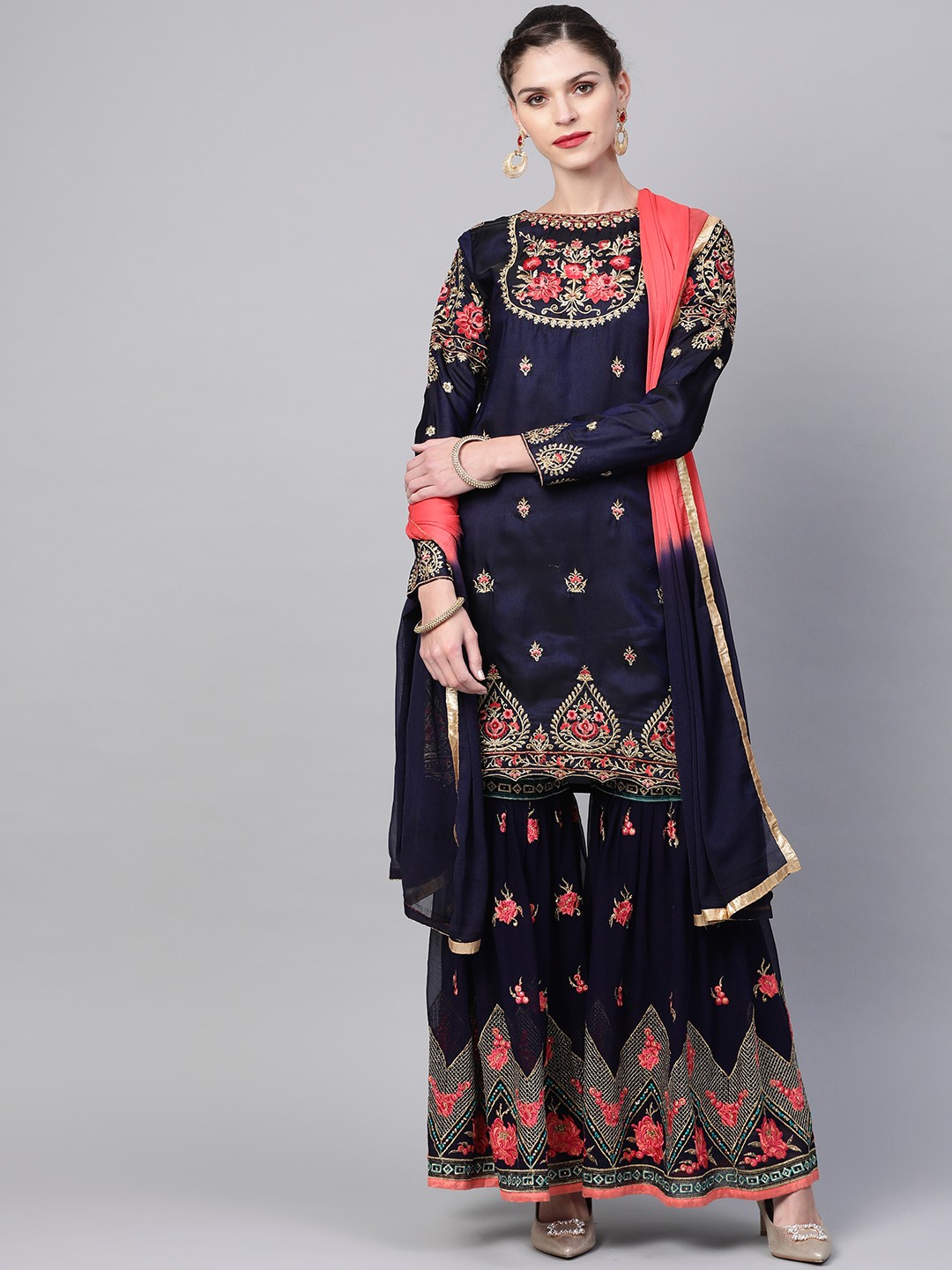 

Chhabra 555 Navy Blue & Pink Made-To-Measure Zari Embroidered Kurta with Sharara & Dupatta