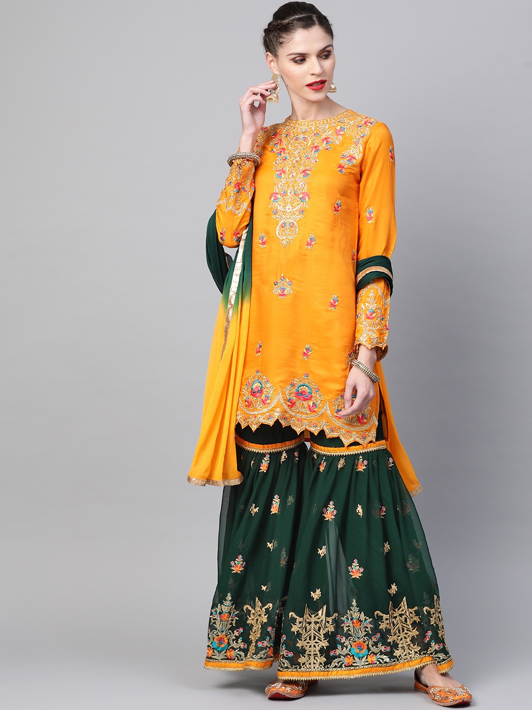 

Chhabra 555 Women Mustard Yellow & Green Made-To-Measure Zari Embroidered Kurta Set