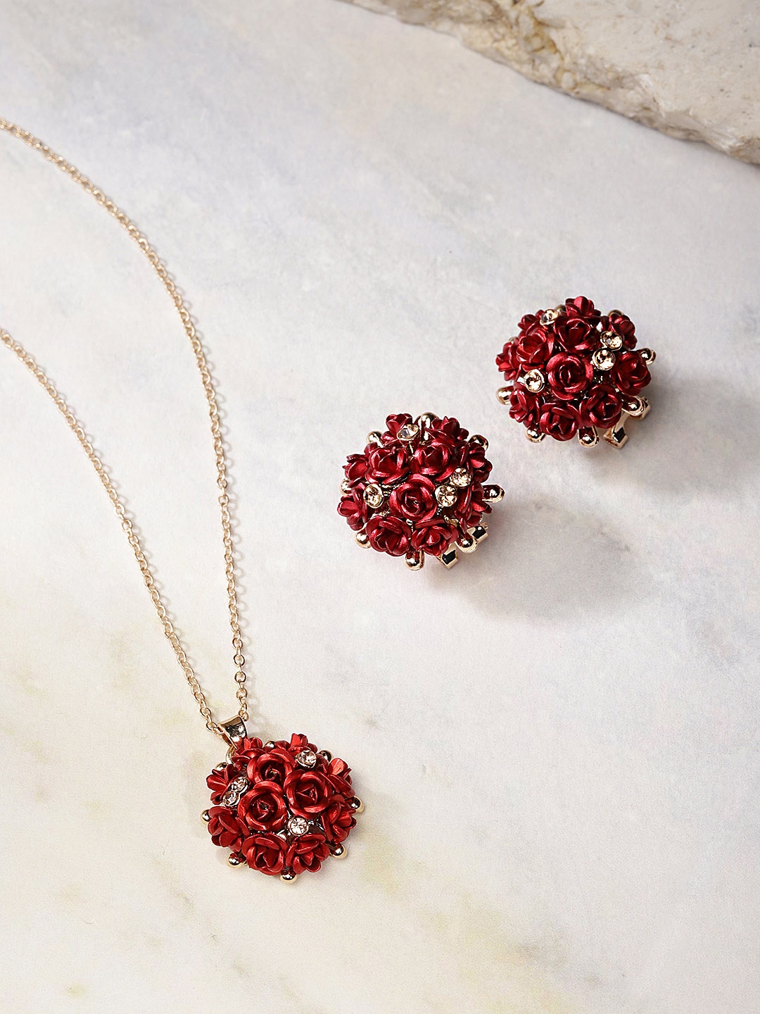

YouBella Red Gold-Plated Stone-Studded Floral Jewellery Set