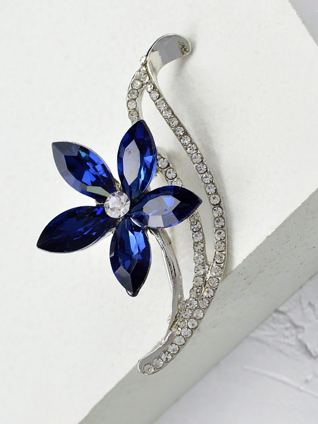 

YouBella Women Navy Blue & Silver-Toned Stone-Studded Floral Brooch