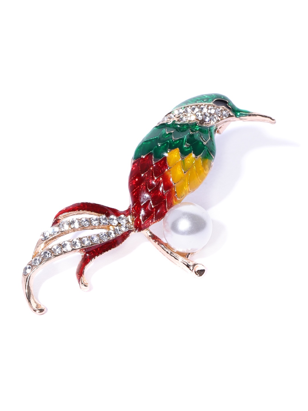 

YouBella Women Green & Red Stone-Studded & Beaded Bird Shaped Brooch