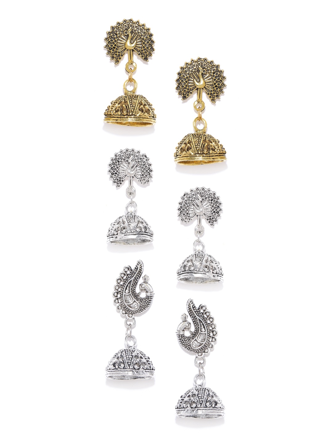 

YouBella Set of 3 Peacock Textured Dome Shaped Jhumkas, Silver