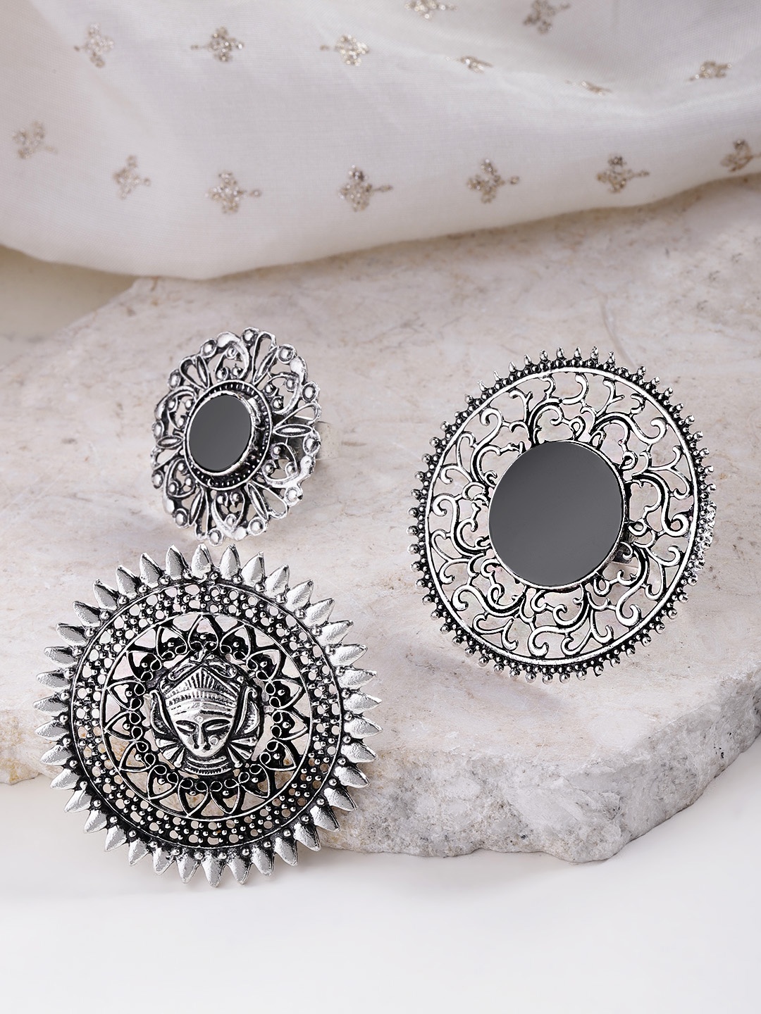 

YouBella Set of 3 Oxidised Silver-Plated Afgan Adjustable Finger Rings