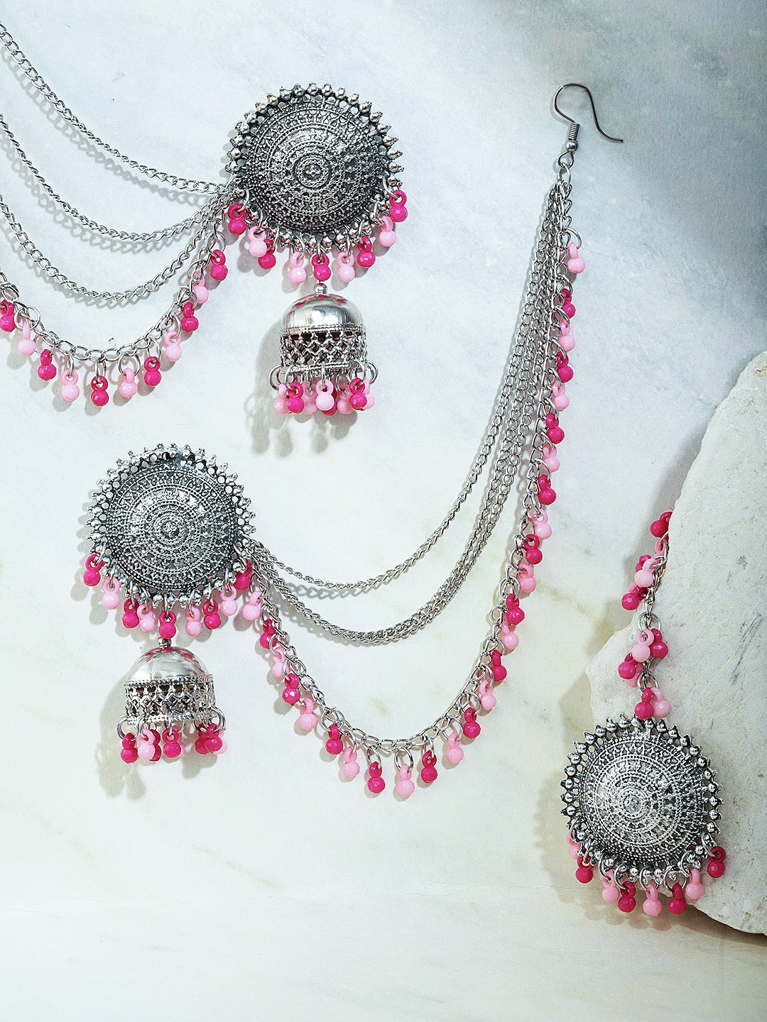 

YouBella Pink Oxidised Silver-Plated Beaded Jewellery Set