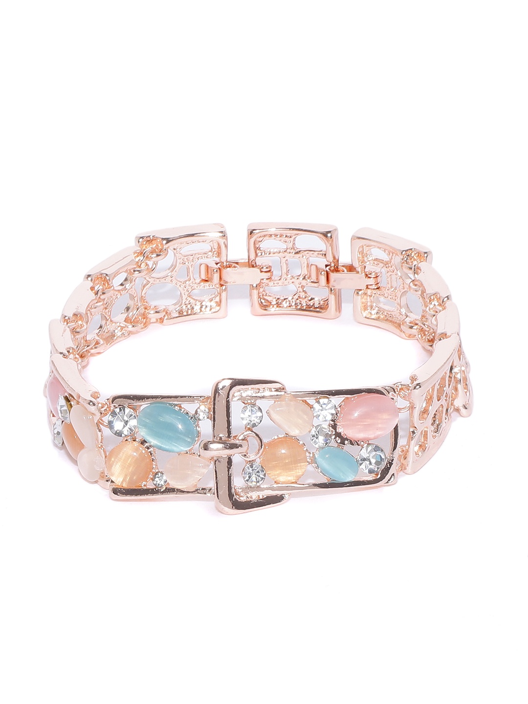 

YouBella Peach-Coloured & Blue Rose Gold-Plated Stone-Studded Link Bracelet