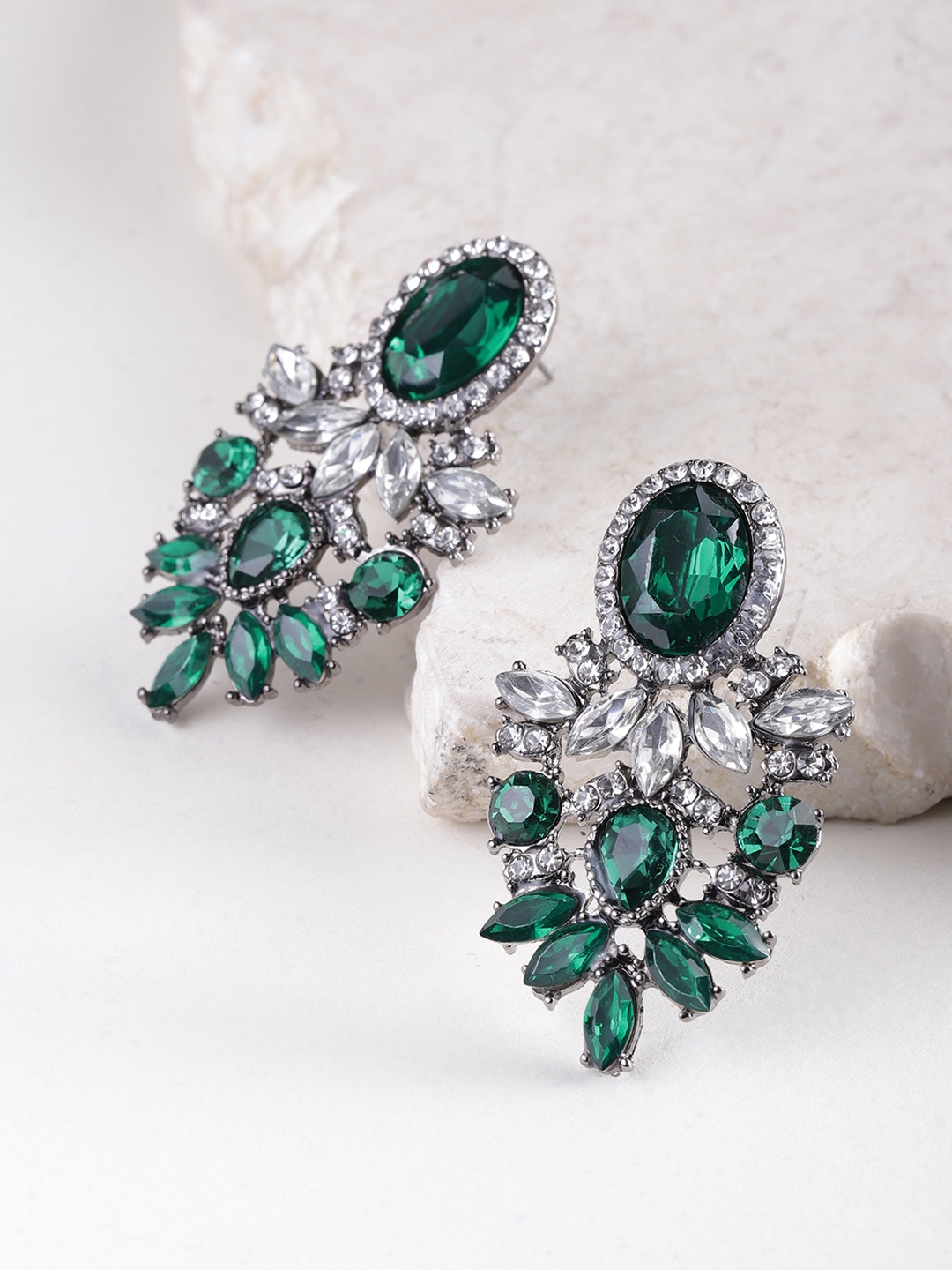 

YouBella Green & Gunmetal-Toned Stone Studded Contemporary Drop Earrings