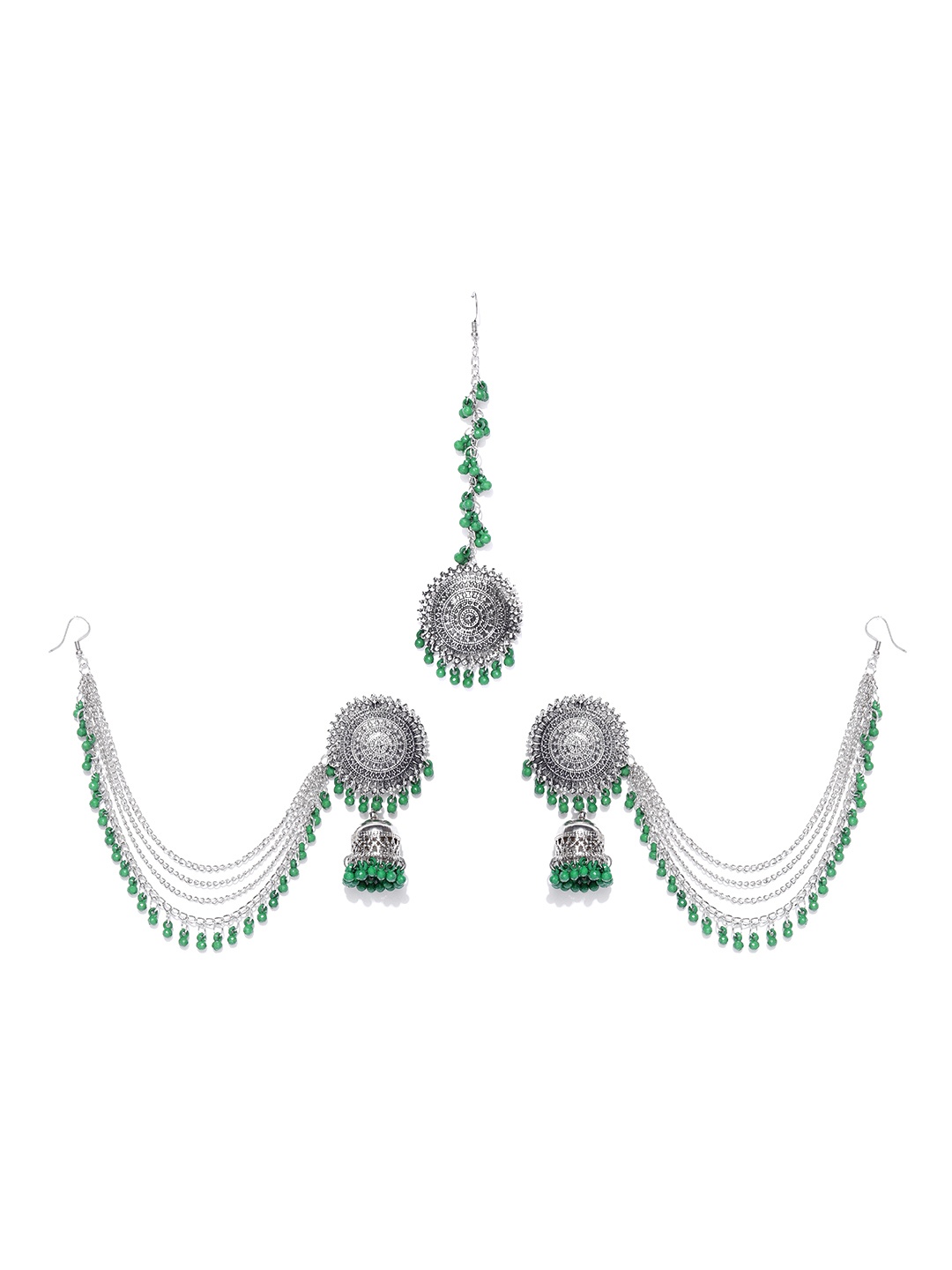 

YouBella Green Oxidised Silver-Plated Beaded Jewellery Set