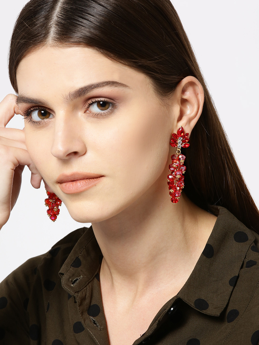 

YouBella Red & Gold-Toned Contemporary Stone-Studded Drop Earrings