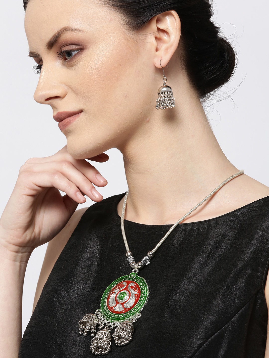 

YouBella Women Oxidised Orange & Green Silver-Plated Jewellery Set, Red