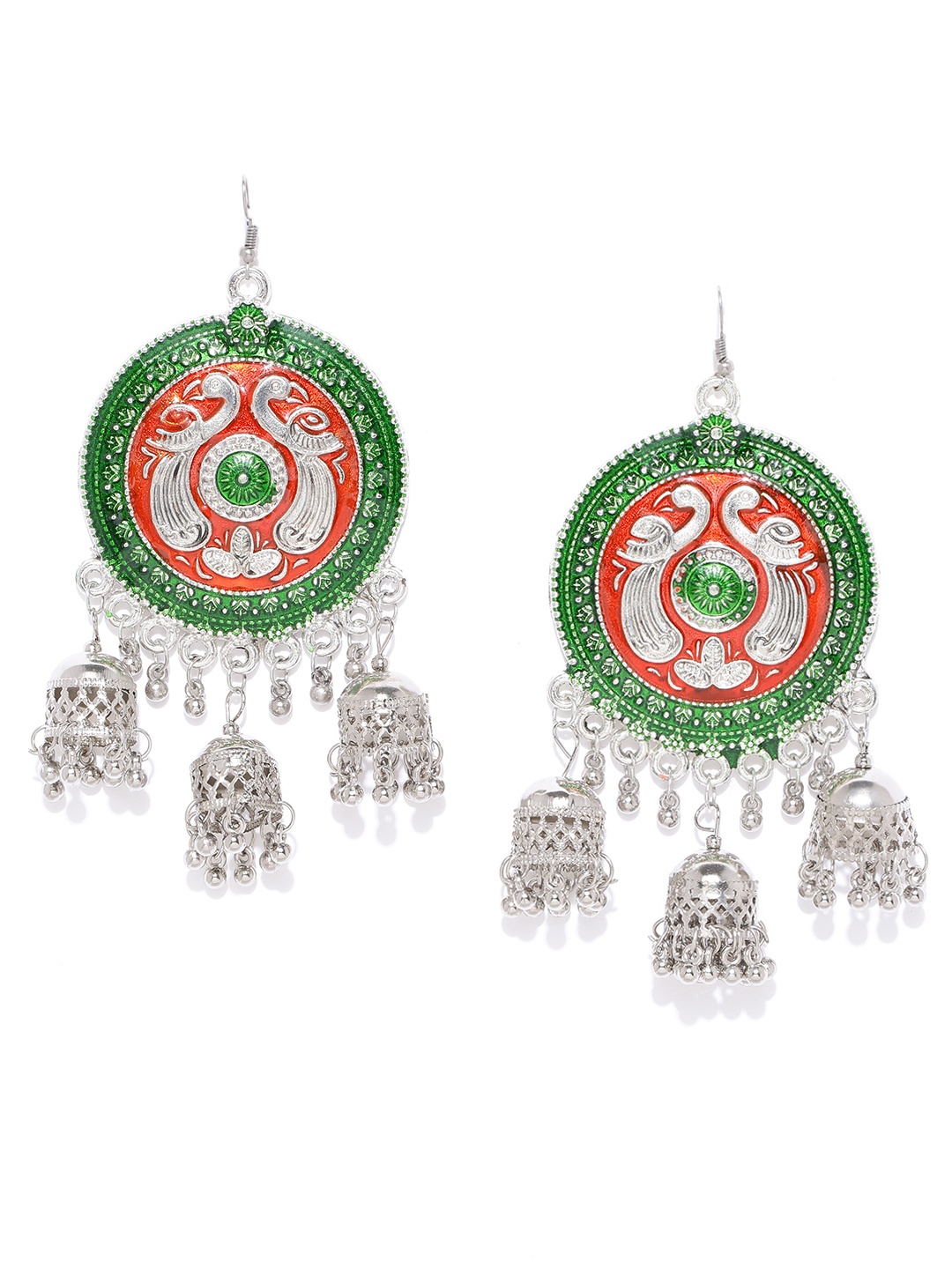 

YouBella Oxidised Red & Green Silver Plated Beaded Enamelled Circular Jhumkas