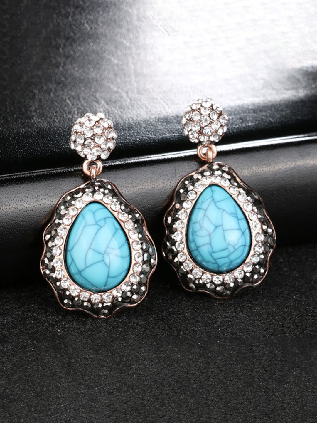 

YouBella Blue & Gold Toned Silver Plated Teardrop Shaped Drop Earrings