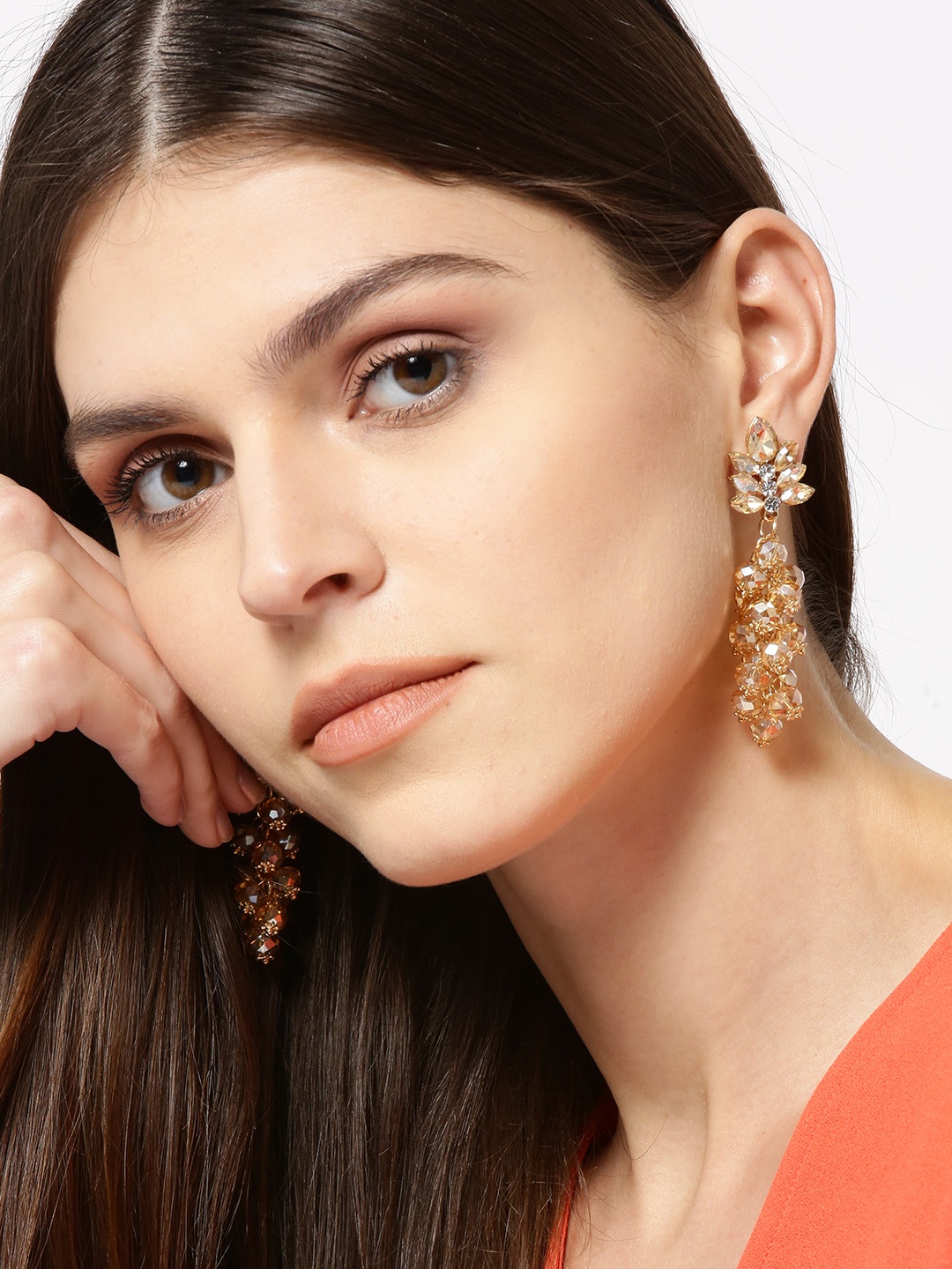 

YouBella Beige & Gold-Toned Stone-Studded & Beaded Contemporary Drop Earrings