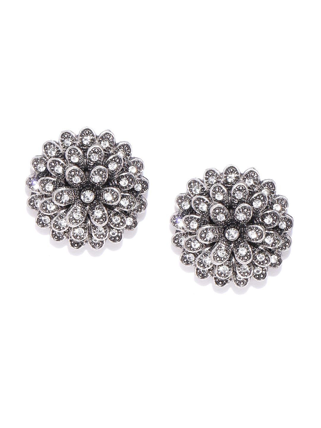 

YouBella Oxidised Gunmetal-Toned Silver Plated Stone Studded Floral Studs, Metallic