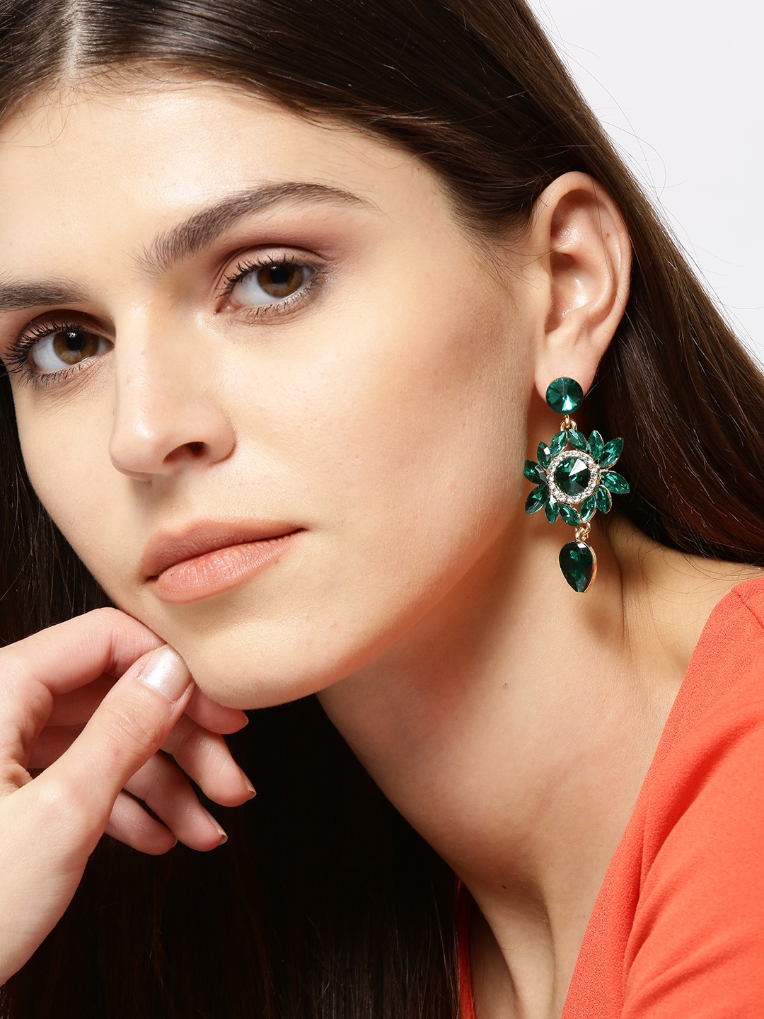 

YouBella Green Stone Studded Contemporary Drop Earrings