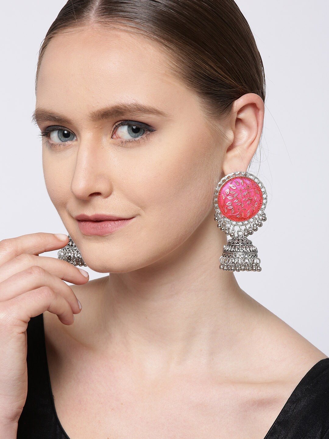 

YouBella Pink Silver-Plated Enamelled Dome-Shaped Jhumkas