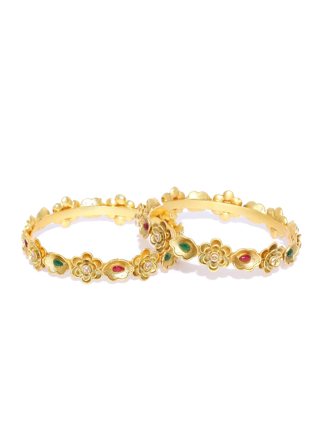 

YouBella Set of 2 Red & Green Gold-Plated Stone-Studded Floral Bangles