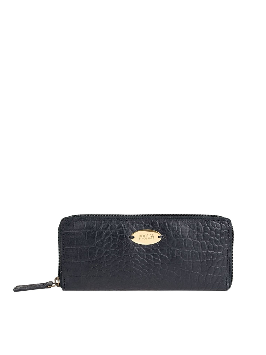 

Hidesign Women Black Crocodile Skin Textured RFID Protected Leather Zip Around Wallet