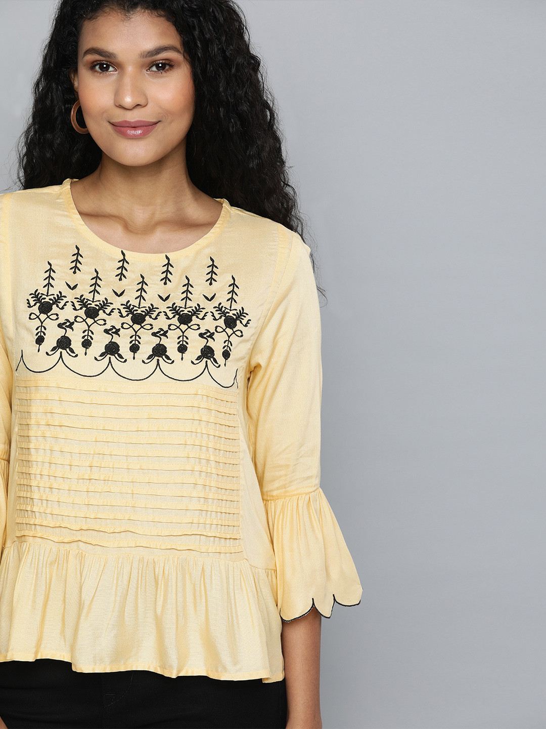 

HERE&NOW Women Beige & Black Embroidered A-Line Top
