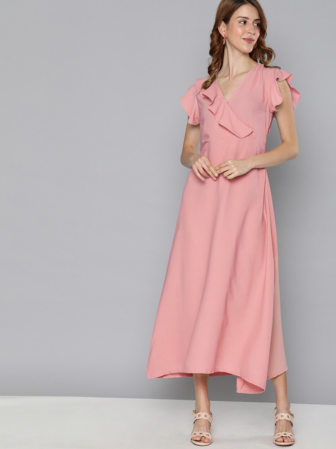 

HERE&NOW Women Pink Solid A-Line Dress with Ruffles