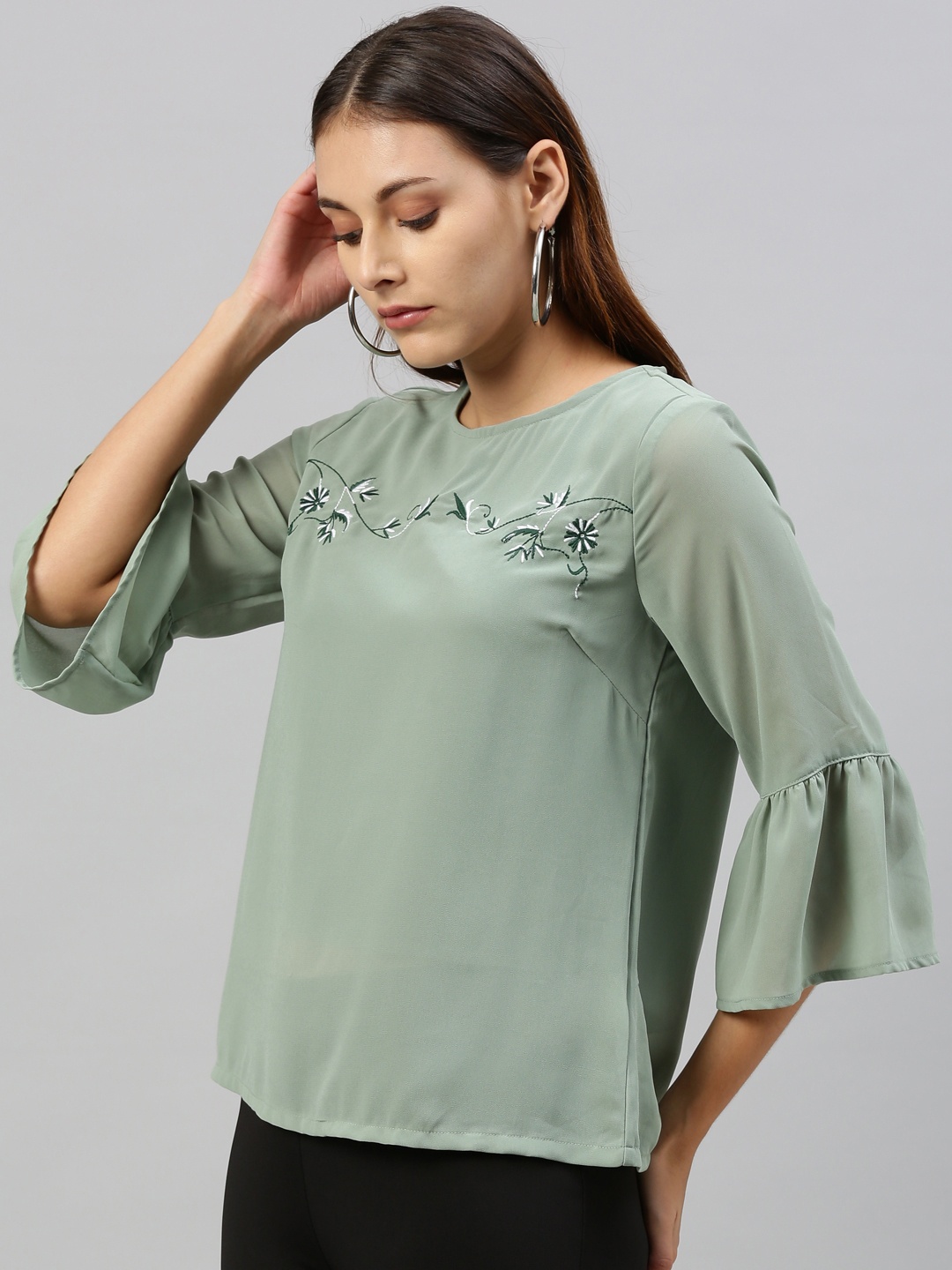 

HERE&NOW Women Green Floral Embroidered Top With Bell Sleeves