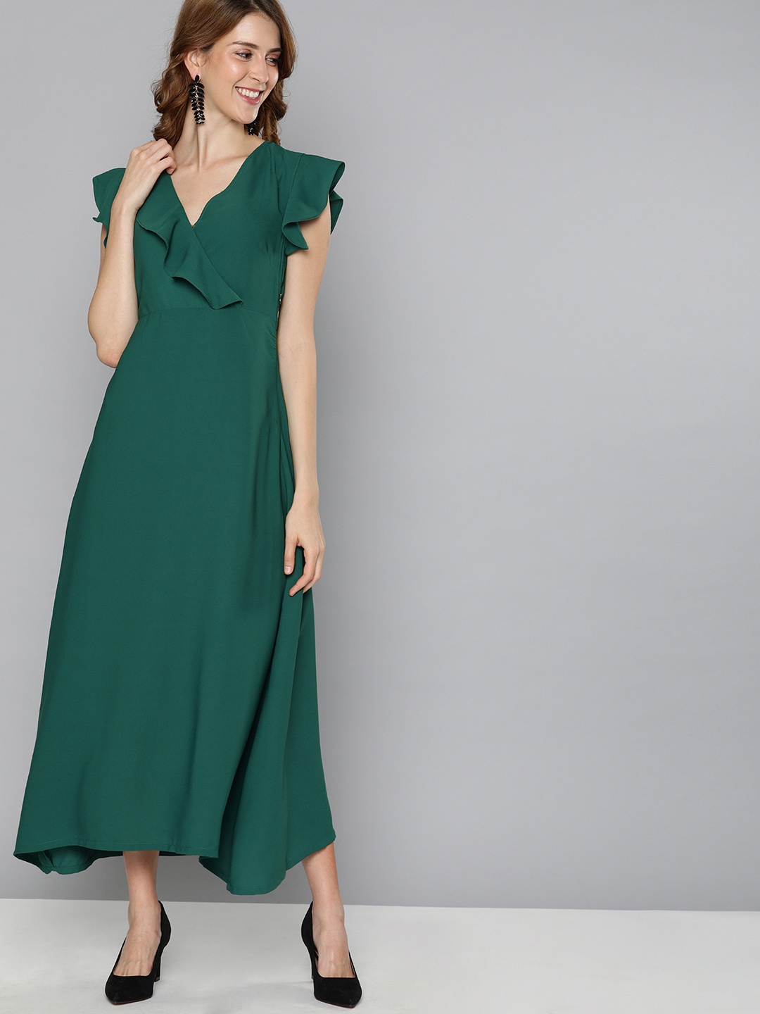 

HERE&NOW Women Green Solid A-Line Dress with Ruffles