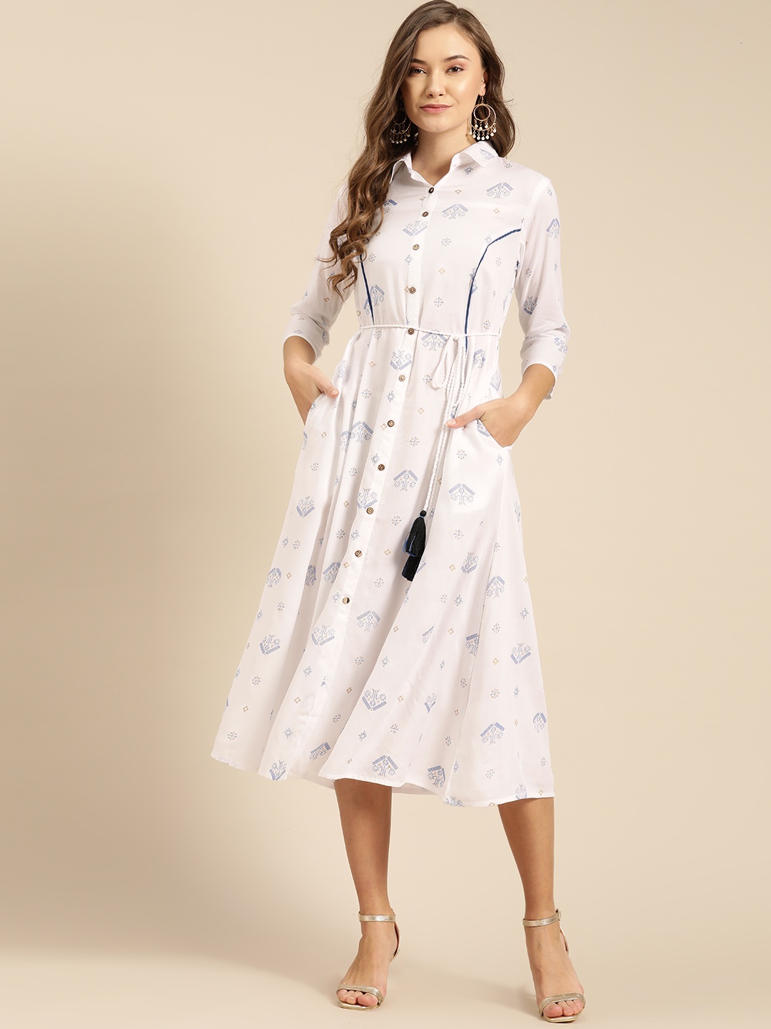 

IMARA Women White & Blue Tana Bana Printed Shirt Dress