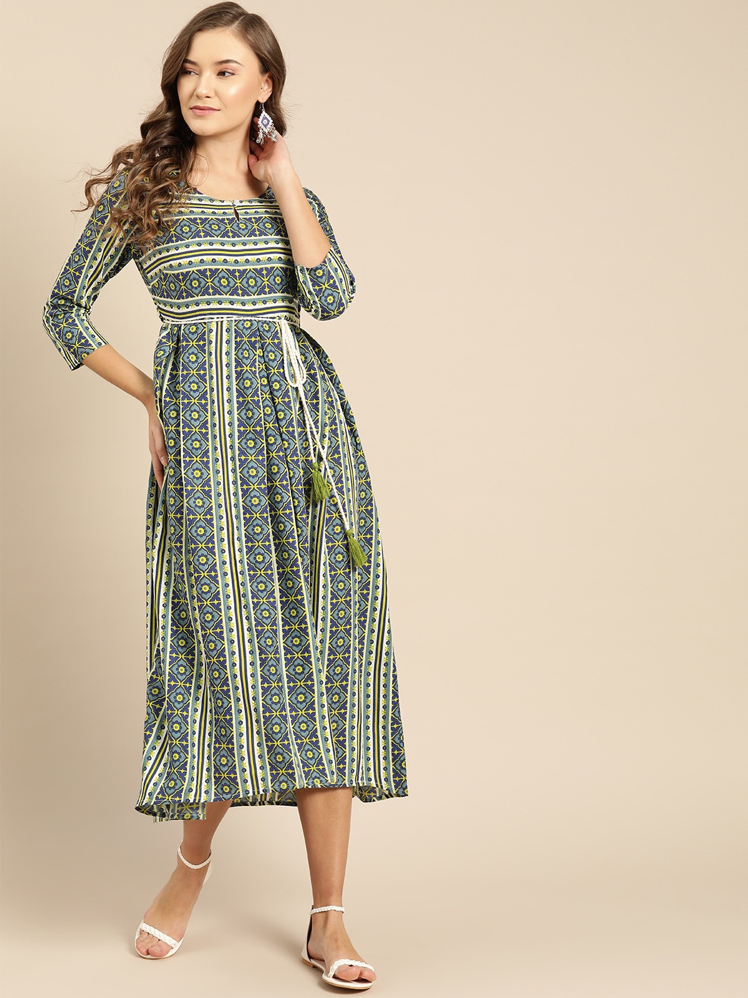 

IMARA Women Blue & White Printed A-Line Dress