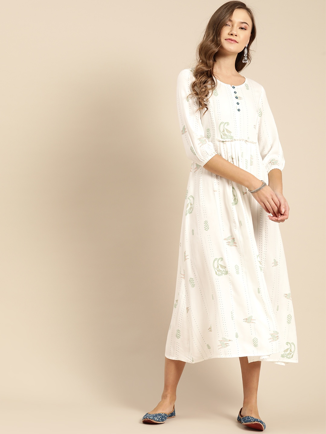 

IMARA Women White & Green Birds Printed A-Line Dress