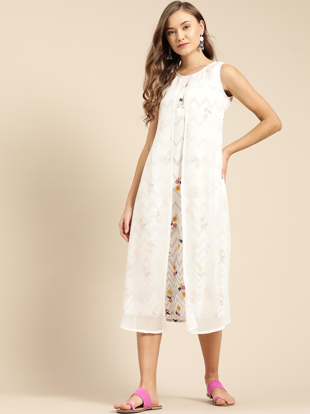

IMARA Women White Printed Layered A-Line Dress