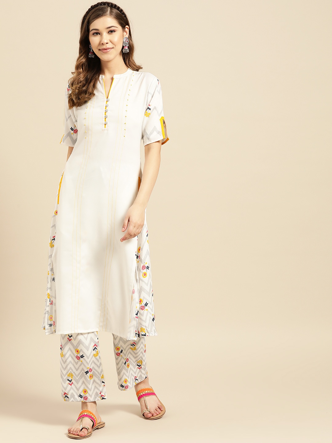 

IMARA Women White & Grey Printed Kurta with Palazzos