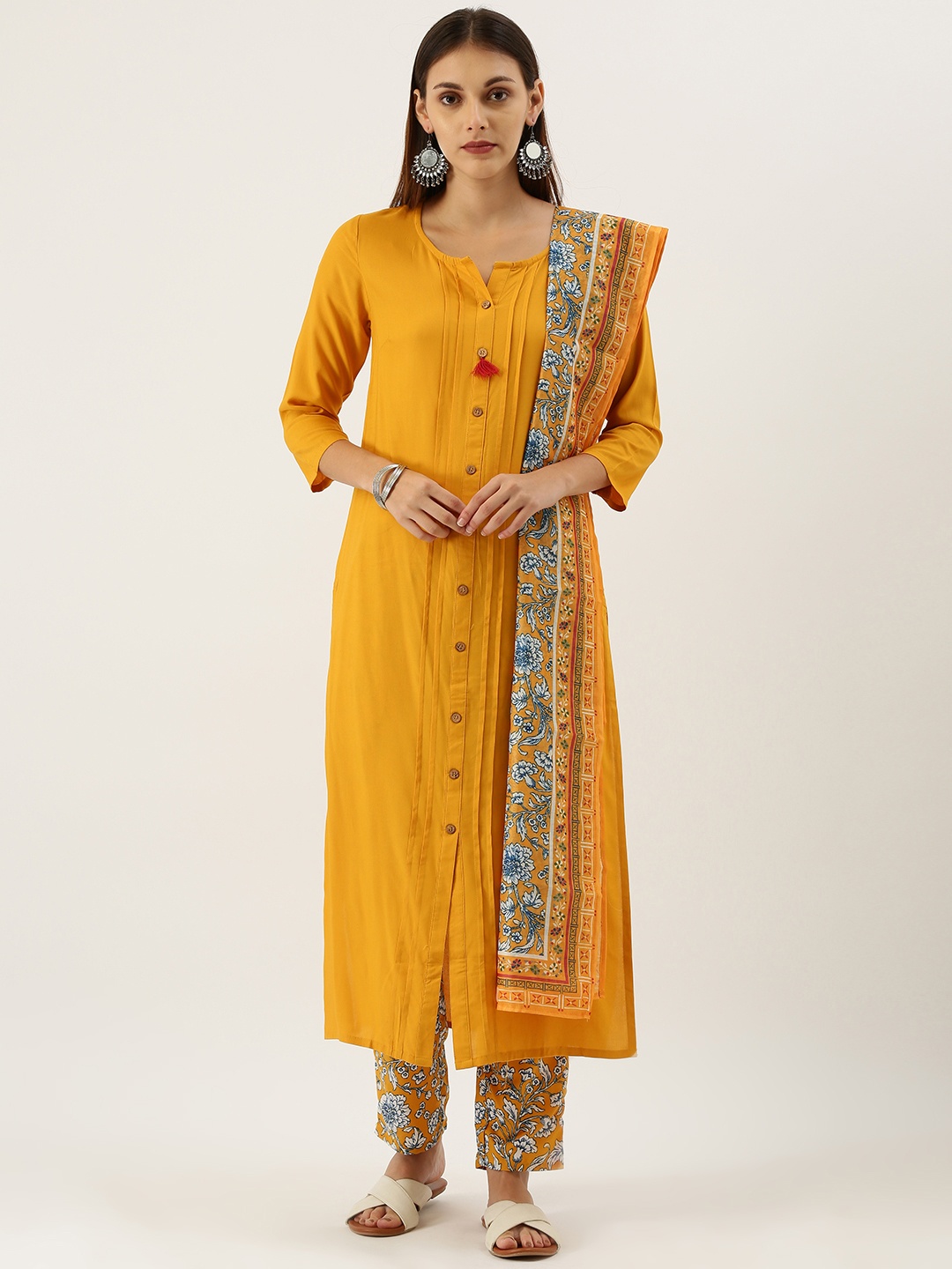 

IMARA Women Mustard Yellow & White Solid Kurta with Trousers & Dupatta