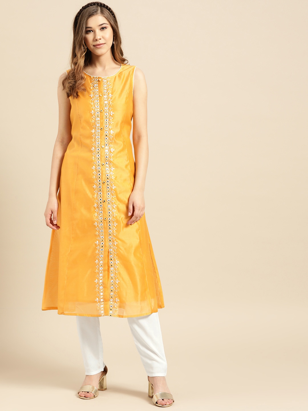 

IMARA Women Mustard Yellow & White Embroidered Kurta with Trousers