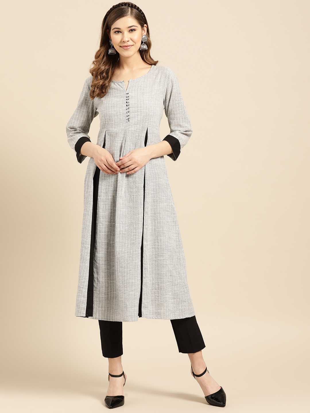 

IMARA Women Grey Striped A-Line Kurta