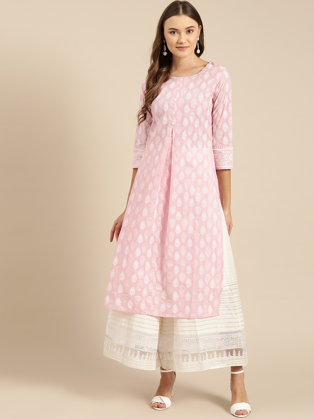 

IMARA Women Pink & White Printed A-Line Kurta