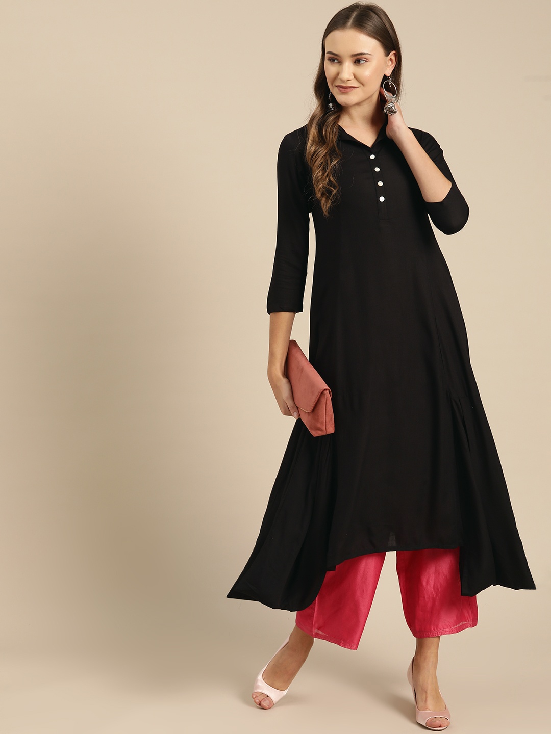 

IMARA Women Black Solid Asymmetric A-Line Kurta