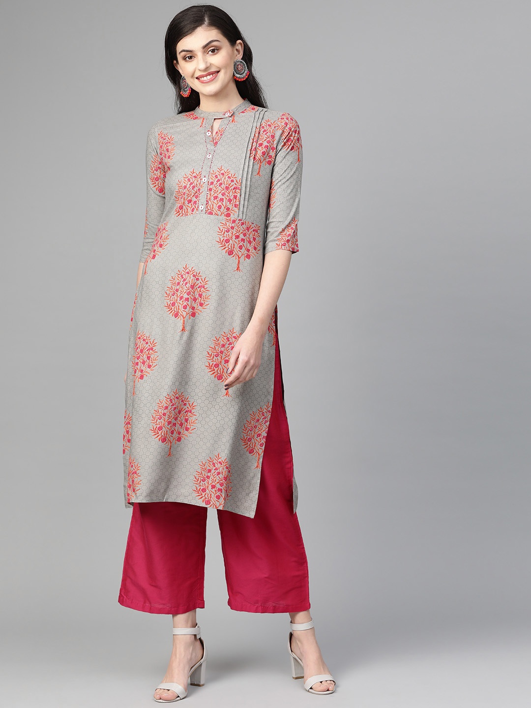 

Anubhutee Women Grey & Pink Printed Straight Kurta