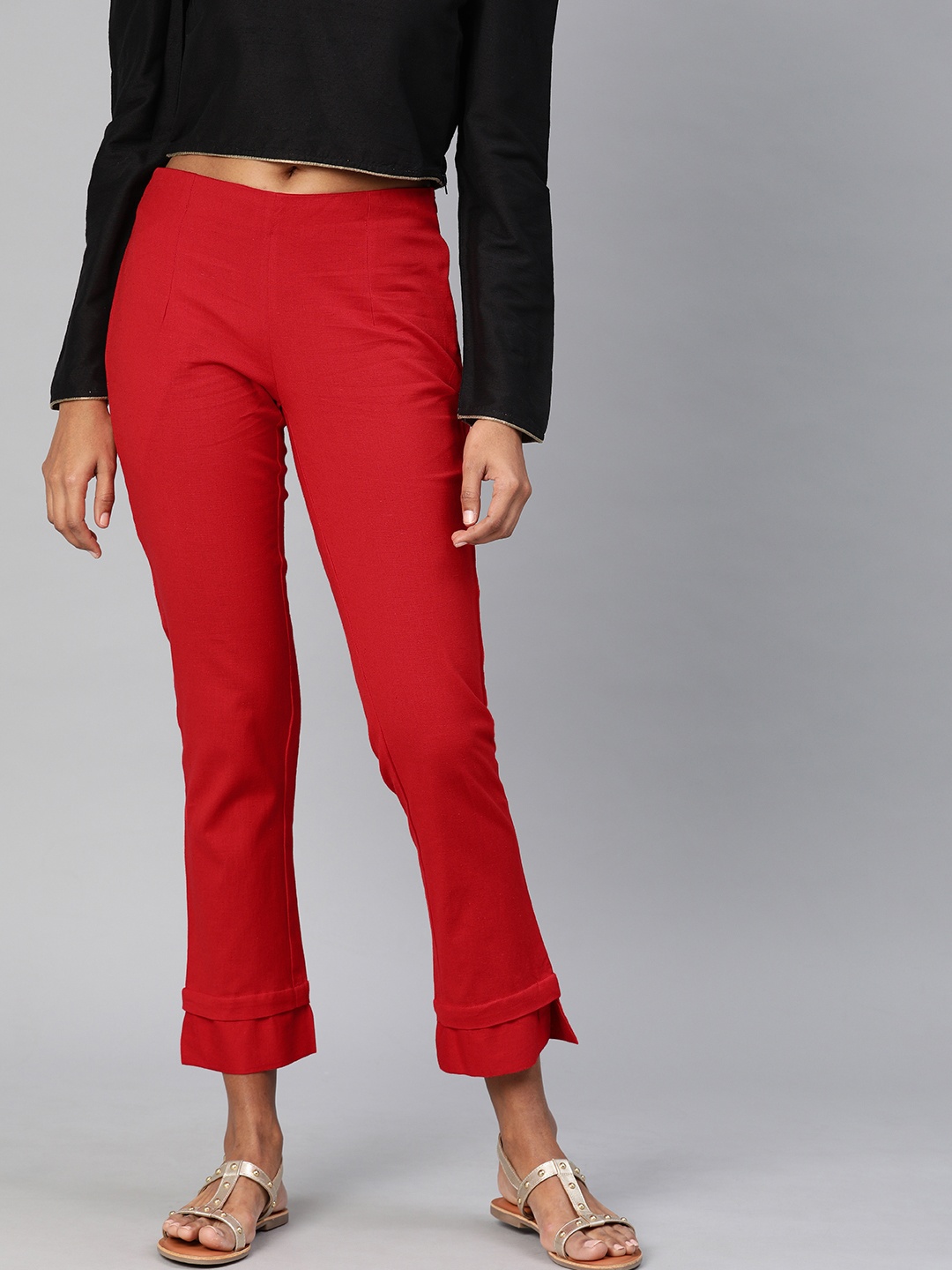 

Divena Women Red Straight Fit Solid Regular Khadi Trousers